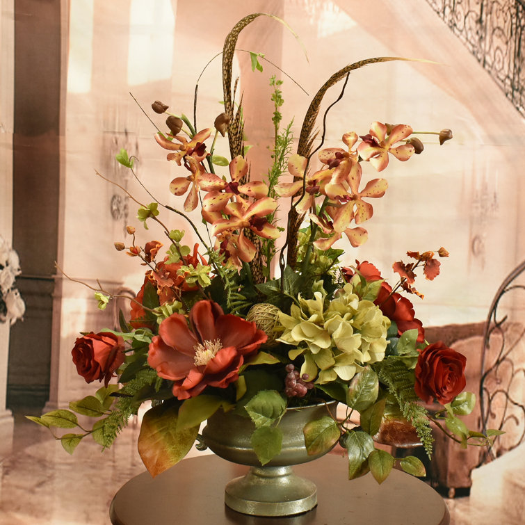 Floral Home Decor Burgundy And Green Mixed Silk Floral Arrangement